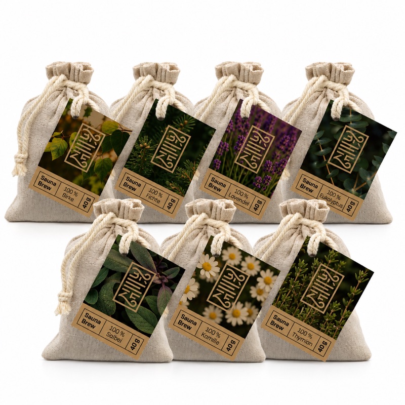 BREEZE Sauna Brew Set: sieben Kräutersäckchen im Leinenbeutel